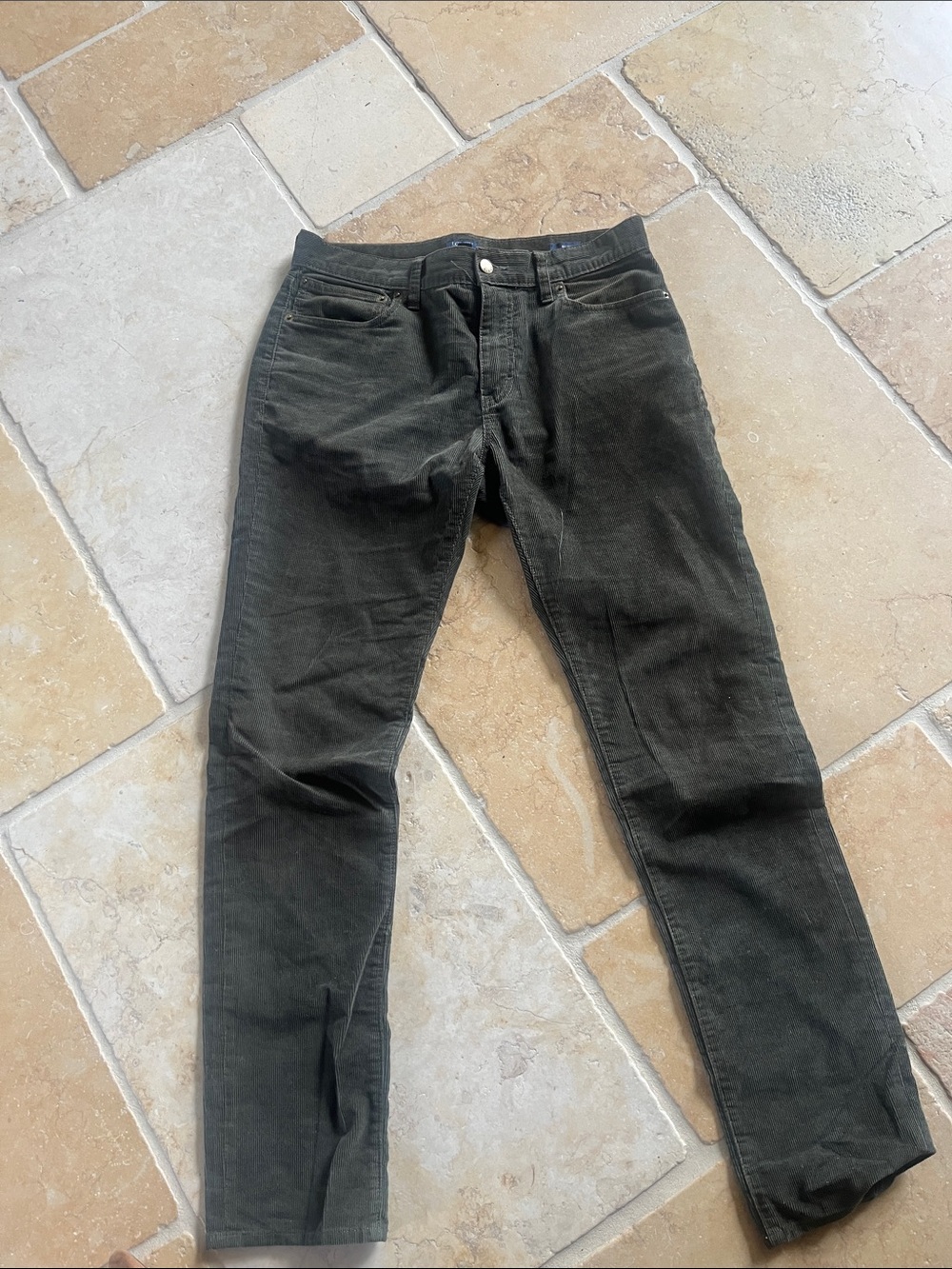 Men's Slim Corduroy Pants in Dark Olive Green. J. Crew